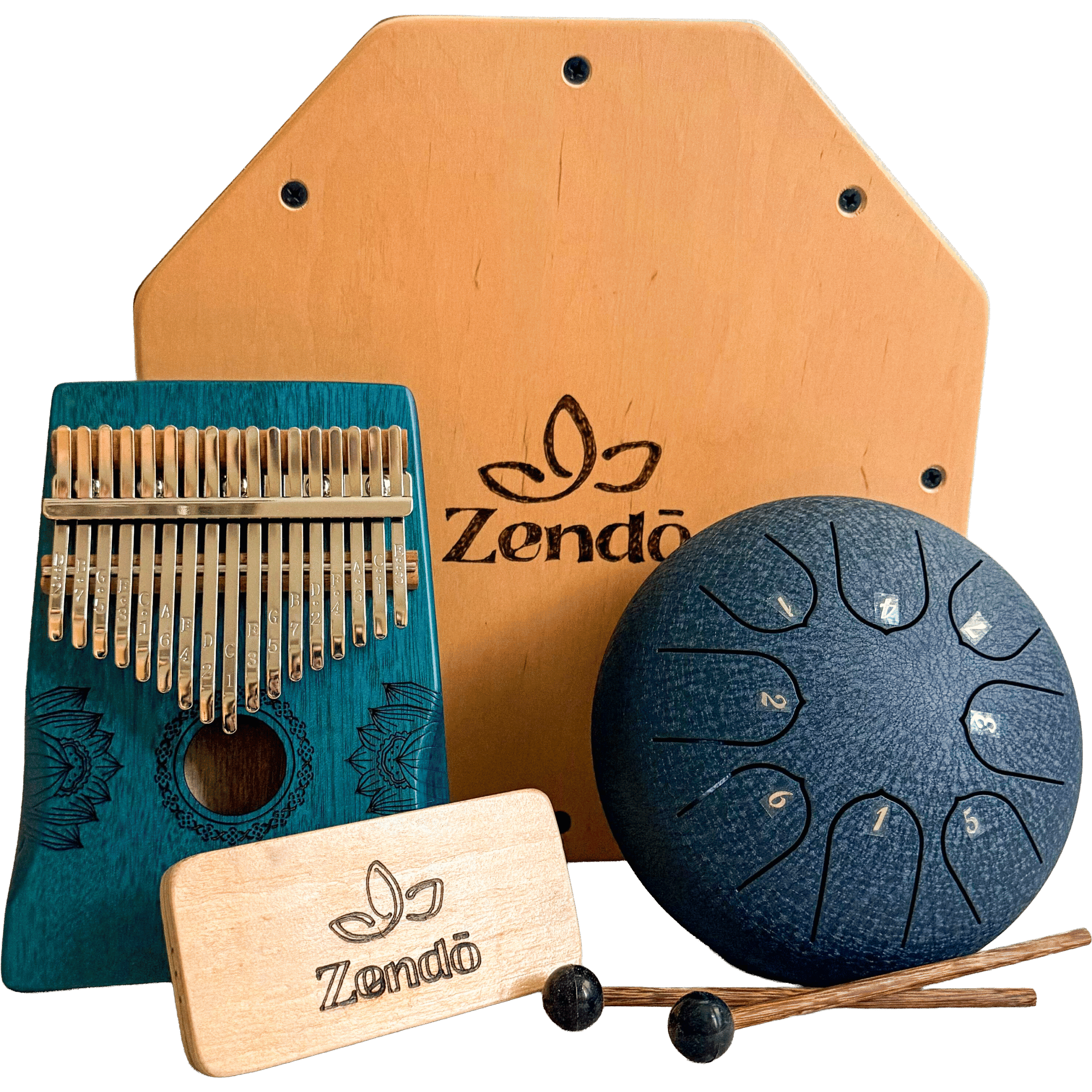 Музикален подаръчен комплект - лап кахон, тонг дръм, калимба и дървен шейкър